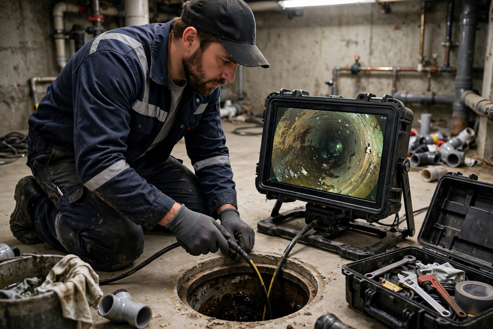 Plumber performing a sewer camera inspection with monitor showing inside of drain pipe