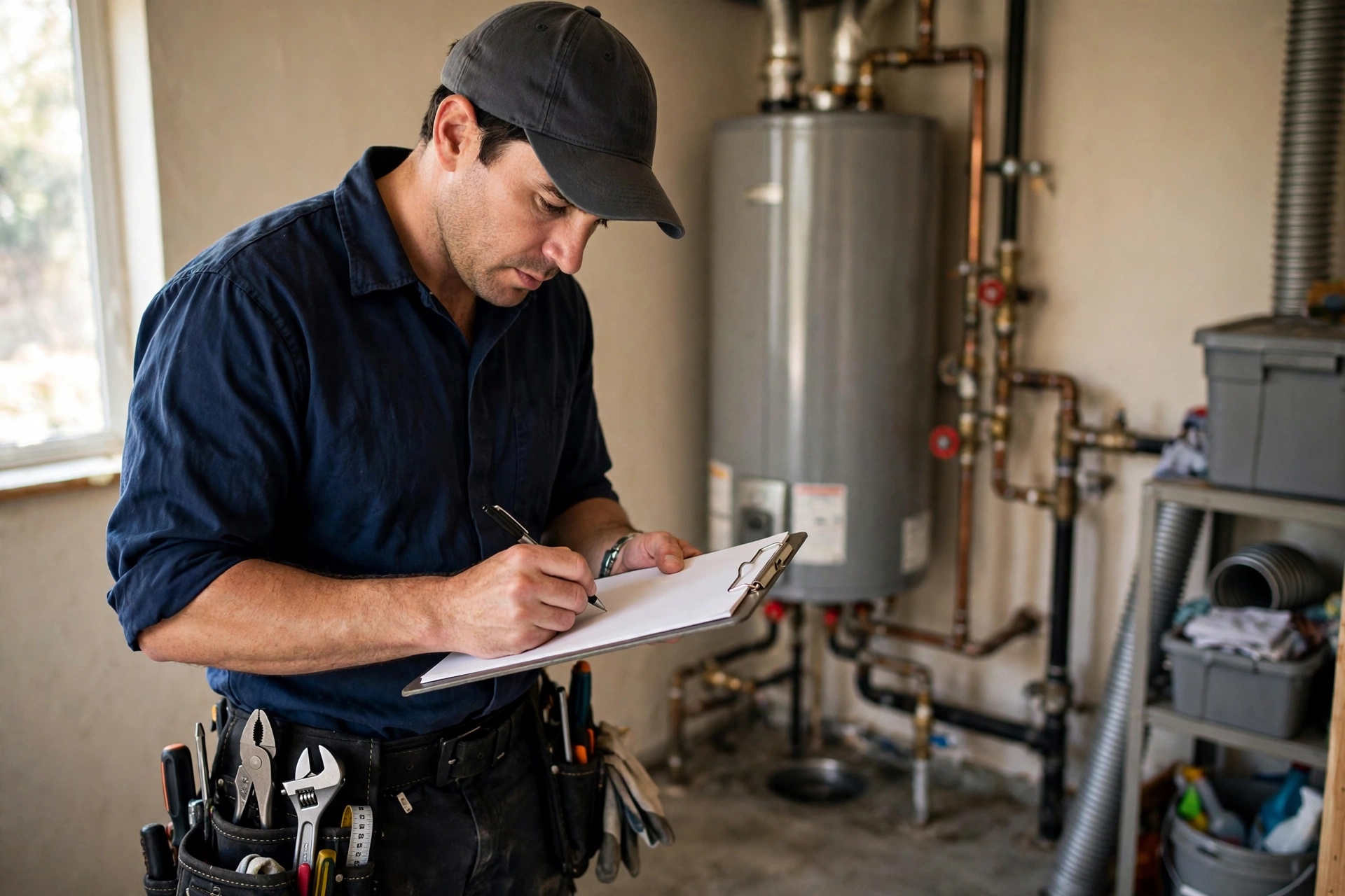Plumber reviewing a written itemized quote with a homeowner at the kitchen table