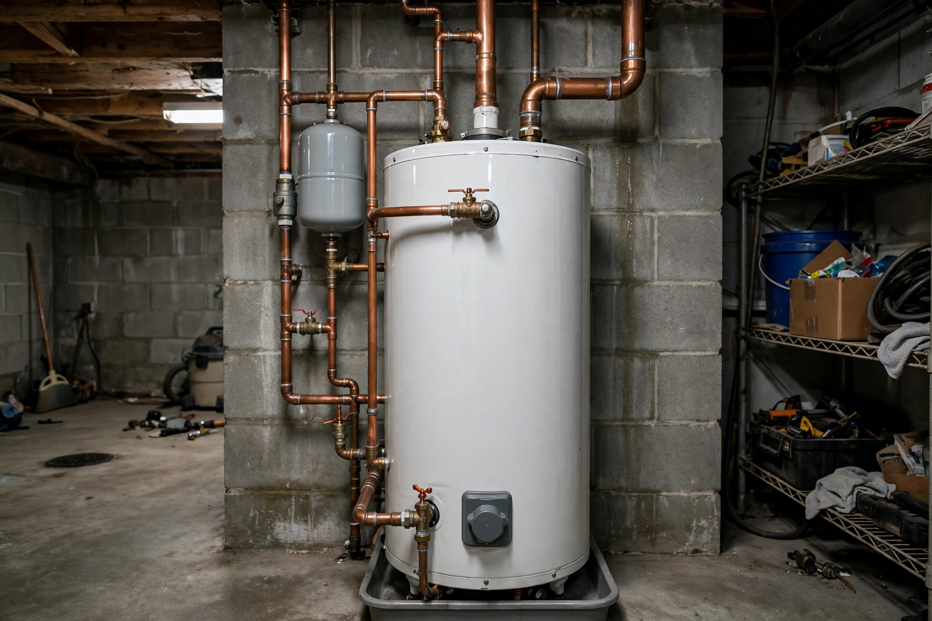 Water spraying from a burst pipe fitting in a basement during an emergency call