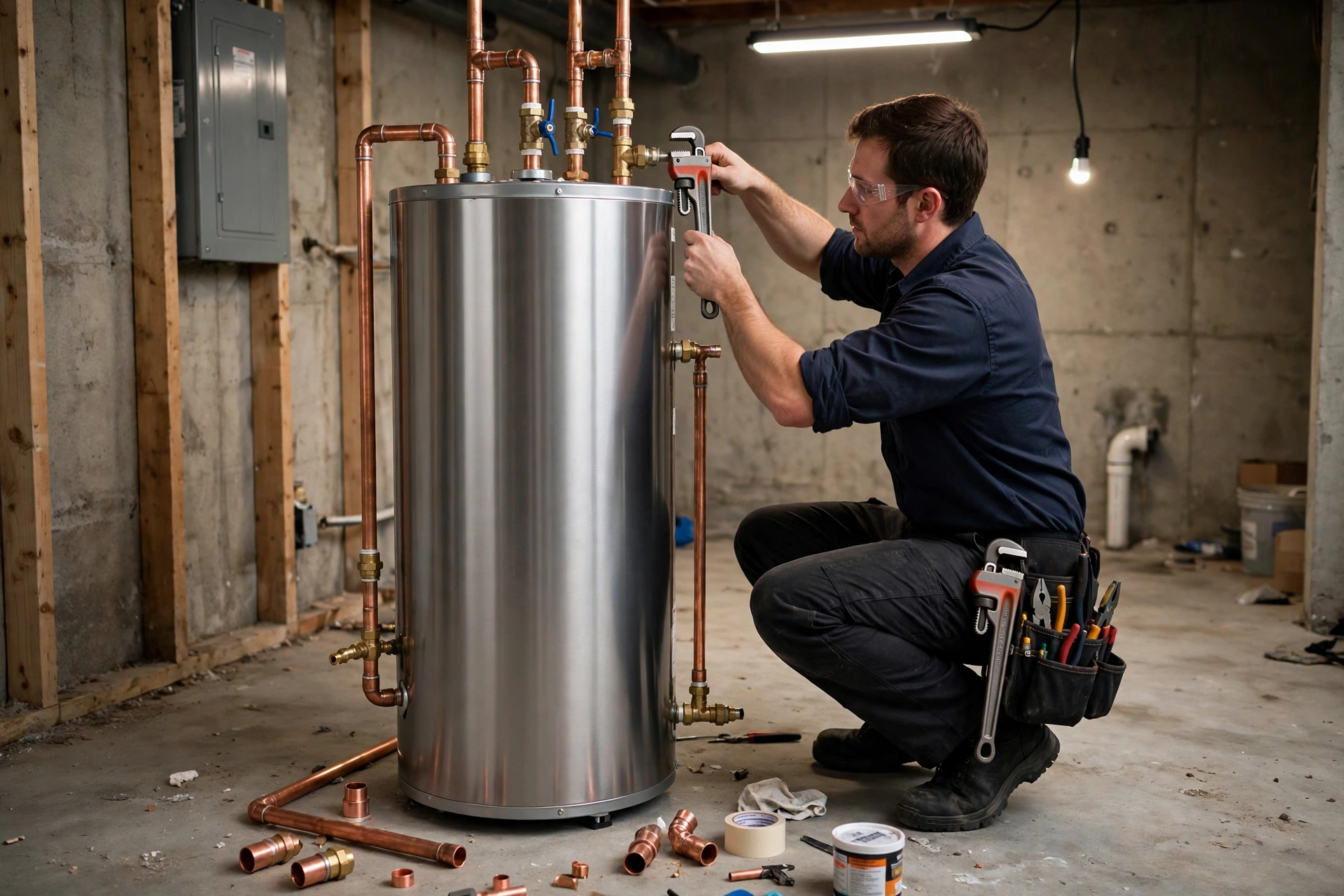 Rust and corrosion around the base of an aging tank water heater